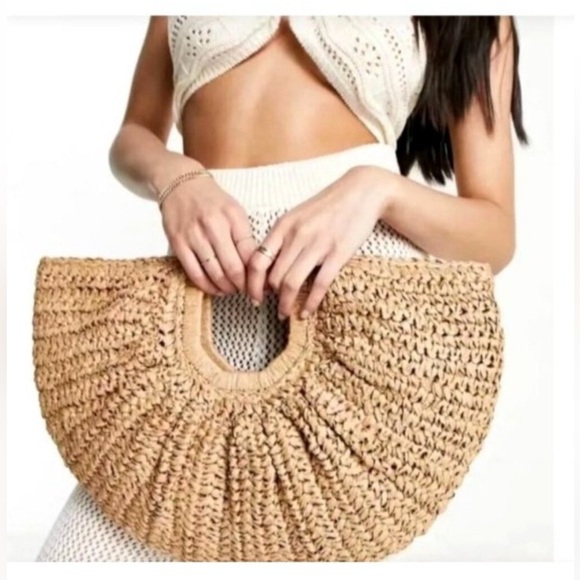 Ramla Natural Straw Half-Moon Bag With Woven Texture Wooden Handle Bohemian NEW - Picture 7 of 7